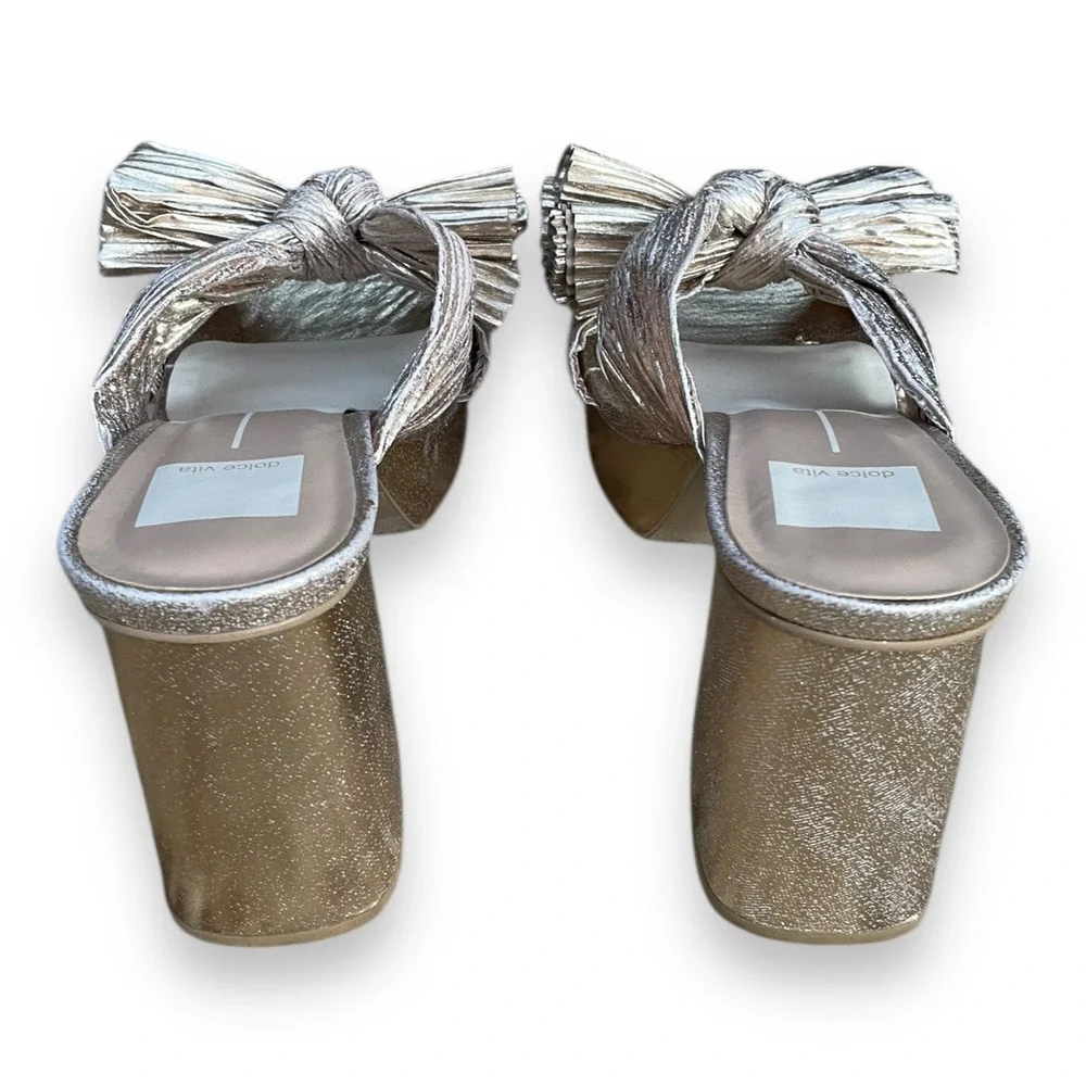 Dolce Vita Blare Gold Metallic Pleated Bow Platform Block Heel Sandals 8.5